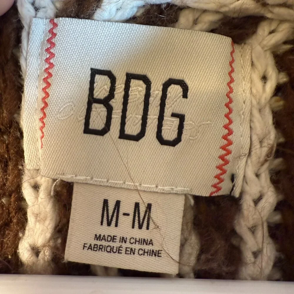 BDG Full Zip Hooded Sweater Unisex Medium Brown Geometric Chunky Knit Cardigan‎